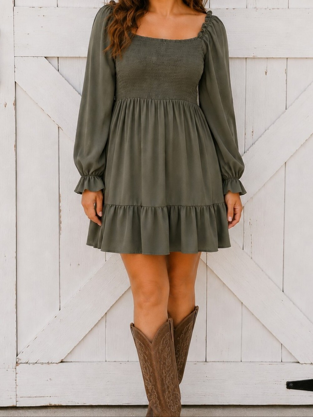 Boho Olive Smocked Square-Neck Long Sleeve Dress Size L